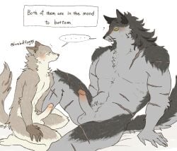 2026 absurd_res anthro balls black_nose blush blush_lines bodily_fluids brown_body brown_fur brown_nose canid canine canis duo empty_eyes english_text erection facial_scar fluffy fluffy_tail fur genitals glans grey_body grey_fur hi_res humanoid_genitalia humanoid_penis kemono lovebuffpg45 male male/male mammal no_pupils nude nude_anthro nude_male penis pointy_ears scar scars_all_over simple_background size_difference sweat sweatdrop tail tan_body tan_fur text theo_(pegu2726) victus_(pegu2726) white_background white_body white_fur wolf yellow_eyes