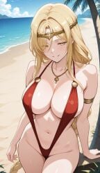 ai_art ai_generated bangs beach blonde_hair boosterred99 braided_hair elden_ring hair_intakes hair_over_one_eye large_breasts long_hair mature_female naughty_face ocean outdoors palm_tree ponytail queen_marika_the_eternal red_sling_bikini red_slingshot_swimsuit sidelocks sling_bikini slingshot_bikini slingshot_swimsuit stable_diffusion twin_braids very_long_braid yellow_eyes