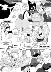 2026 6_panel_comic absurd_res ambiguous_gender answer anthro big_butt biped black_tail black_text blood bloominoko bodily_fluids butt closed_smile comic dewott dialogue ellipsis english_text eyes_closed eyewear female feral froakie generation_2_pokemon generation_4_pokemon generation_5_pokemon generation_6_pokemon generation_8_pokemon generation_9_pokemon goggles group heart_eyes heart_symbol heavenlyproductions hi_res hisuian_form hisuian_zorua kerchief level-5 looking_at_another looking_back lying mask meowscarada monochrome motion_lines mouth_closed neck_tuft nintendo nosebleed open_mouth open_smile pawmi pichu pokemon pokemon_(species) pupils quadruped quaquaval question question_mark questions_and_answers regional_form_(pokemon) sharp_teeth shinx smile sparks_pichu speech_bubble tail talking_to_another teeth text text_box tongue tuft white_pupils white_sclera yo-kai_watch zorua