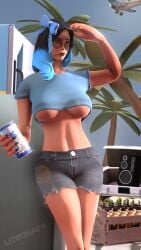 3d_(artwork) breasts f4 femscout_(alt_design) huge_breasts light-skinned_female light_skin long_hair sfm shirt short_pants source_filmmaker tf2 two-tone_hair underboob valve
