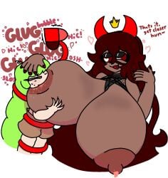 ? ahoge angry big_breasts big_nipples breast_grab breast_milk breastfeeding breasts_bigger_than_head crown demon demon_girl demon_horns demon_tail devil_toast eyelashes green_hair heart heart-shaped_pupils horns hourglass_figure huge_breasts nipples onomatopoeia red_eyes red_hair red_nails sharp_teeth soda tail tail_grab tied_up tongue tongue_out unusual_breast_milk vtuber wide_hips wine_glass