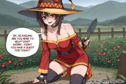 1girl aged_up ai_assisted ai_generated choker english_text gardening kneeling kono_subarashii_sekai_ni_shukufuku_wo! looking_at_viewer medium_hair megumin open_mouth small_breasts sun_hat thighhighs trowel