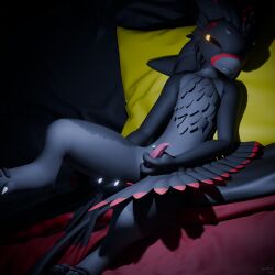 1:1 3d_(artwork) 4_ears animal_genitalia anthro avali avian bed black_body black_feathers black_fur black_sclera black_tail blender_(artwork) blender_cycles_(artwork) bodily_fluids chest_tuft claws digital_media_(artwork) erection fangs feather_hair feathered_crest feathers feet fur furniture genital_fluids genital_slit genitals glowing glowing_eyes grey_body grey_feathers grey_fur grin half-closed_eyes head_crest hi_res high-angle_view jyrahvali leaking_precum looking_pleasured lying lying_on_bed male markings masturbation mavvy_(jyrahvali) multi_ear multicolored_body multicolored_feathers narrowed_eyes nude on_back on_bed penis pink_genitals pink_penis precum precum_on_penis pseudo_hair red_body red_feathers red_markings smile solo tail tapering_penis teeth tuft two_tone_body wings yellow_eyes