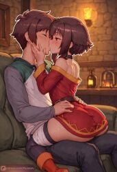 1boy 1girls ai_assisted ai_generated big_ass floresai hetero hi_res highres kissing kono_subarashii_sekai_ni_shukufuku_wo! medium_breasts megumin patreon patreon_exclusive patreon_reward patreon_url patreon_username petite petite_female satou_kazuma sitting_on_lap sitting_on_person thick_thighs