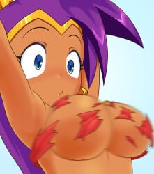 1girls big_breasts blue_eyes blurry_foreground blush breasts, convenient_censoring dark_skin earrings hairband hoop_earrings jewelry looking_at_viewer maverickvortex purple_hair shantae shantae_(character) solo torn_clothes