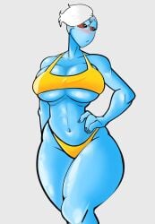 anthro big_breasts bikini black_eyes blue_body blush captain_dagon exposed_breasts female_only hi_res interspecies looking_away red_sclera sexy_body sexy_pose short_hair shy_expression sky_blue_body tau thick_thighs voluptuous warhammer_(franchise) warhammer_40k white_hair wide_hips