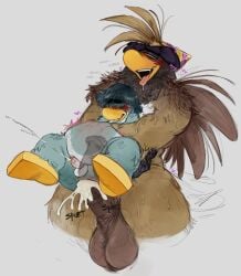 animal_genitalia animal_penis anthro avian back_feathers balls beard bird blue_body blue_fur blush bodily_fluids brown_body brown_fur clothing club_penguin cum cum_inflation cum_inside cum_overflow cumshot dialogue duckbrained duo ejaculation english_text equine_genitalia equine_penis eyebrows facial_hair fur genital_fluids genitals hat headgear headwear heart_symbol hi_res holding_up inflation looking_pleasured looking_up male male/male missing_tooth motion_lines onomatopoeia open_mouth party_hat penguin penis penis_size_difference saliva sam_the_sasquatch sasquatch size_difference sound_effects sweat text thick_eyebrows tongue tongue_out