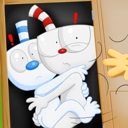 1:1 absurd_res animate_inanimate bendy_straw big_nose blue_nose brother_(lore) brothers_(lore) caught_in_the_act container cup cuphead_(character) cuphead_(game) drinking_straw duo_focus exclamation_point for_a_head grey_body grey_skin group hand_on_shoulder hi_res hug humanoid incest_(lore) k_vicko male male/male mug mugman nude nude_humanoid nude_male object_head offscreen_character red_nose sibling_(lore) small_nose studio_mdhr surprised trio twincest_(lore) twins_(lore)