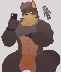 beret bulge_through_clothing canine ear_piercing filip_(piggy) furry_only hand_under_shirt holding_phone male_focus male_only muscular_male piggy_(game) selfie shirt_lift tagme tagme_(artist) yellow_bikini