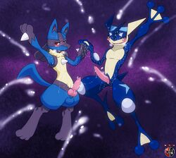 animal_genitalia balls canine_penis duo erection greninja kivwolf knot lucario male nintendo penis pokemon pokemon_(species) video_games yaoi