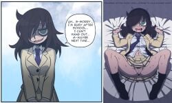 1girls before_and_after blush bottomless clutching_sheets dialogue drooling female girlfailure hair_over_one_eye kuroki_tomoko masturbation messy_hair sayasushiswag sweat sweaty text watashi_ga_motenai_no_wa_dou_kangaetemo_omaera_ga_warui!