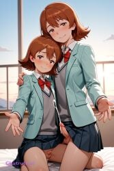 1girl ai_assisted ai_generated couple cowboy_shot cowgirl_position cum day detailed_background duo dynamic_pose full_body futanari heads_together hetero little_penis looking_at_viewer mother_and_daughter outstretched_hand pleated_skirt projectile_cum red_bow romance sex size_difference sky small_penis smile vibrant_colors volumetric_lighting white_collared_shirt