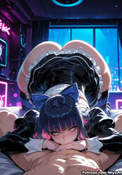 1boy 1girl ai_assisted ai_generated ass bangs blue_eyes blush breasts curvaceous curvy curvy_female curvy_figure dress eyebrows_visible_through_hair female frills half-closed_eyes hetero indoors juliet_sleeves long_hair long_sleeves looking_at_viewer miyuai multicolored_hair no_panties panty_&_stocking_with_garterbelt pov ribbon solo_focus stocking_(psg) thick thick_ass thick_butt thick_hips thick_legs thick_thighs thighhighs top-down_bottom-up voluptuous voluptuous_female wide_hips wide_thighs