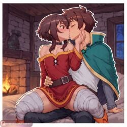 1boy 1girls ai_assisted ai_generated big_ass floresai hetero hi_res highres kissing kono_subarashii_sekai_ni_shukufuku_wo! medium_breasts megumin patreon patreon_exclusive patreon_reward patreon_url patreon_username petite petite_female satou_kazuma sitting_on_lap sitting_on_person thick_thighs