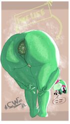 amphibious anus anus_focus ass big_anus big_ass big_eyes blush bowtie cartoonwizzard cute dialogue digital_media_(artwork) english flirting flirting_with_viewer frog frog_girl full_body furry glitch_productions green_body green_skin heart-shaped_pupils hi_res highres holding_legs musk musk_clouds presenting_anus presenting_hindquarters ribbit_(tadc) ribbit_(the_amazing_digital_circus) showing_ass sign standing sweating sweaty_anus sweaty_ass sweaty_feet tadc text text_bubble the_amazing_digital_circus
