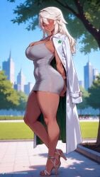 1female 1girl 1girls 2026 ai_assisted ai_generated alternate_costume arms_behind_back artist_name ass bare_legs blonde_hair blue_sky blurry blurry_background blush breasts building ccmint cityscape cleavage clover coat coat_on_shoulders colored_eyelashes covered_navel curvy dark-skinned_female dark_skin day depth_of_field dress fanbox_username feet female female_focus fingernails four-leaf_clover from_side full_body grey_dress grin guilty_gear guilty_gear_strive guilty_gear_xrd hair_between_eyes high_heels highres holding_own_arm huge_breasts impossible_dress jacket_on_shoulders lab_coat large_breasts legs lips long_hair long_legs looking_at_viewer nail_polish open_clothes open_coat orange_eyes outdoors park parted_lips patreon patreon_logo patreon_username pencil_dress ramlethal_valentine sandals shadow short_dress skindentation sky sleeveless sleeveless_dress smile solo standing stiletto_heels strappy_heels taut_clothes taut_dress teeth thick_thighs thighs tight_clothes tight_dress toeless_footwear toenail_polish toenails toes tree twitter_username uncensored web_address white_coat white_dress white_footwear white_hair yellow_eyes