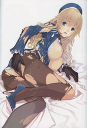 absurdres ass atago_(kantai_collection) beret black_gloves black_legwear blonde_hair blue_bra blue_eyes bra breasts cleavage female gloves hat high_heels highres kantai_collection long_hair lying mibu_natsuki nipples on_side open_mouth pantyhose solo tears teeth torn_clothes torn_pantyhose underwear