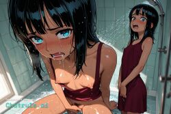 1girl 8k ai_assisted ai_generated beautiful black_hair blue_eyes blush close_up cowboy_shot crop_top crying cumming dark_skinned_female depth_of_field drooling face_focus fingering high_detail high_res hires lights_off lipstick looking_at_viewer looking_back_at_viewer masturbating midriff moaning model_pose narrow_waist nico_robin nip_slip one_piece open oversized_shirt parody perfect_anatomy perky_nipples pinup posing pubic_hair pussy_exposed red_dress screaming sensitive_nipples shower_room shy sitting_on_floor solo squatting standing taking_a_bath upper_body water wet_clothes wet_hair wet_shirt