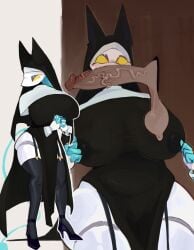 blue_hair blushing deltarune deltarune_chapter_5 nun penis_in_front_of_face pinching_nipples tasque_manager_(deltarune) tasque_manager_(nun) yellow_eyes