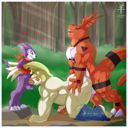 aaron_(artist) anal anal_sex anthro anthrofied ass balls barefoot big_ears big_muscles border cheek_bulge clothed clothing deepthroat digimon digitigrade ear_grab erection face_fucking fellatio foreskin forest furry gargomon gay gay_domination gloves group group_sex guilmon humanoid_penis impmon looking_pleasured male male/male male_only maledom malesub mostly_nude multiple_boys multiple_doms muscular naughty_face neckerchief nude open_mouth oral oral_penetration orgasm_face outside pants_down partially_clothed partially_retracted_foreskin penetration penis retracted_foreskin rough_sex scalie sex side_view signature size_difference spitroast standing surprised thick_penis throat_fuck thrusting thrusting_into_mouth tree two_doms_one_sub uncircumcised uncut white_border yaoi