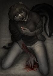 anthro blood blood_drip blood_on_hand blood_stain bodily_fluids carpet crying cutting cutting_self dripping english_text female gore hi_res hooded_skunk inside laceration mammal mephitid mutilation on_ground razor_blade schiavonesca self-harm self_mutilation skunk solo tears text wounded