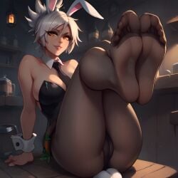 1female 1girls ai_generated ass battle_bunny_riven breasts bunny_ears bunny_girl bunny_tail bunnysuit cameltoe feet feet_fetish feet_focus feet_together feet_up female front_view league_of_legends legs_up looking_at_viewer mudoart pantyhose playboy_bunny presenting_feet riot_games riven smile smiling soles solo solo_female solo_focus toes white_hair wrist_cuffs