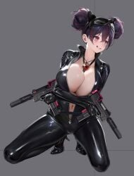 big_breasts black_hair bodysuit curvy exposed_breasts game_cg goddess_of_victory:_nikke gun hair_bun high_heels huge_breasts multicolored_hair quency_(nikke) red_hair skin_tight skinsuit solo thick_thighs thighs