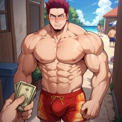 ai_generated bara beach big_bulge blush embarrassed endeavor_(my_hero_academia) enji_todoroki gay money muscular muscular_male my_hero_academia offering_money pecs pectorals pov