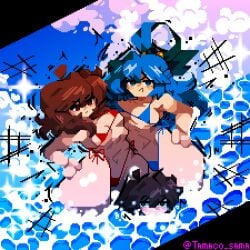 1boy 2025 2girls aqua_(konosuba) artist_name bikini black_border blue_bikini blue_eyes blue_hair breasts brown_hair cloud duo duo_focus female hips kono_subarashii_sekai_ni_shukufuku_wo! light-skinned_female light_skin megumin pixel_art red_bikini red_eyes sky swimwear tagme tamaco thick_thighs thighs water wide_hips