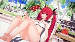 3d 3d_(artwork) ass bikini breasts date_a_live feet itsuka_kotori koikatsu light-skinned_female long_hair pool red_eyes red_hair sitting small_breasts solo thighs tree trees twintails