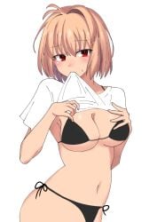 ahoge alternate_breast_size arcueid_brunestud big_breasts biting_clothes black_swimsuit blonde_hair blush bra breasts cleavage clothing curvy flustered hips huge_boobs huge_breasts large_boobs large_breasts lifting_shirt looking_at_viewer maz_515 melty_blood presenting red_eyes revealing shirt short_hair showing_breasts shy stripping sweatdrop swimsuit tsukihime type-moon undressing vampire vampire_girl white_shirt