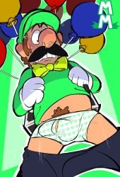 1boy backpack balloon bone bowtie bulge clothing erection facial_hair gloves green_hat green_shirt human looking_down looking_nervous luigi male male_only mario_(series) nintendo pants pants_down penis_in_underwear pubic_hair super_mario_odyssey surprised surprised_expression sweat sweating torquewintress underwear