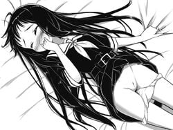 bed bed_sheet belt black_hair black_serafuku blush buckle closed_eyes covering_mouth embarrassed female full-face_blush innie_pussy kimagure_blue long_hair lying monochrome neckerchief on_back original panties panty_pull pussy school_uniform serafuku sheet_grab shirt skirt skirt_lift solo uncensored