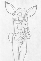 anatomically_correct anthro anthro_on_feral balls buckteeth closed_eyes feral front_view greyscale hug jake_cottontail lagomorph lifted male mammal mizzyam monochrome nude pencil_(artwork) rabbit sheath size_difference smile standing teeth traditional_media_(artwork) yaoi zoophilia