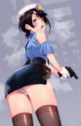 afraid black_hair black_skirt blue_eyes blush clothing embarrassed exposed female female_only firearm flustered gloves gun handgun holding_gun hololive hololive_gen_2 hololive_japan human imminent_rape looking_back miniskirt nervous oozora_subaru open_mouth pale_skin panties panty_peek pantyshot pantyshot_(standing) police police_hat police_uniform policewoman revealing_clothes revolver scared scared_expression short_hair skindentation skirt steam stockings tears thighhighs thighs uniform upskirt virtual_youtuber weapon white_gloves white_panties zabudog777