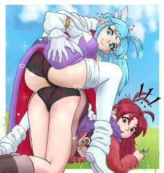 2girls big_ass blue_hair bogar camelot clothed colorized embarrassed flashing fully_clothed gloves golden_sun grass grass_field green_eyes hand_on_ass hood horny jenna jenna_(golden_sun) legs mia mia_(golden_sun) nintendo panties panty_slogan ponytail red_eyes red_hair smile standing_over_partner stockings surprised thighhighs tunic upskirt