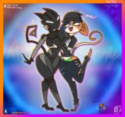 2girls agonywelds angry anthro ass bdsm_outfit blurry_background breasts cat_ears cat_suit cat_tail catgirl curvy fortnite furry glowing_eyes hand_on_breast kink lynx_(fortnite) meme meow_skulls_(fortnite) robot robot_girl text thick_ass thick_thighs thighs