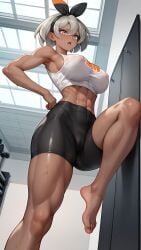 1girls abs ai_generated bare_arms bare_legs bare_shoulders bare_thighs bea_(pokemon) big_breasts clothed clothing color dark-skinned_female dark_skin female female_focus female_only fit_female game_freak grey_eyes grey_hair gym_leader hi_res large_breasts looking_at_viewer marching muscles muscular muscular_female nintendo pokemon pokemon_ss pokemon_trainer short_hair solo solo_female tagme thick_thighs