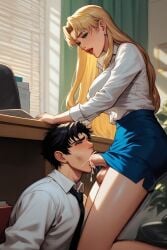 ai_generated black_lagoon blonde_futa blonde_hair blue_skirt cumming_in_mouth dominant_futanari dress_shirt eda forced_oral futa_on_male futanari large_breasted_futa large_breasts office office_lady oral_sex rough_sex submissive_male throat_bulge white_shirt