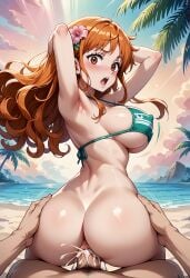 ai_generated arms_behind_head beach big_breasts bikini_top cum_in_pussy cum_inside erect_nipples female huge huge_cock large_breasts male nami_(one_piece) one_piece payop pony_diffusion_xl suprised underboob vaginal_penetration vaginal_sex