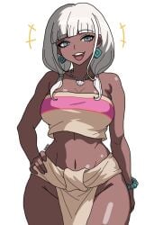 aqua_eyes blush bracelet breasts chel chel_(cosplay) chel_(the_road_to_el_dorado) collarbone danganronpa danganronpa_v3 dark-skinned_female dark_skin earrings female female_only ghostec hand_on_hip happy loincloth looking_back navel necklace signature simple_background smile solo standing straight_bangs the_road_to_el_dorado thick_thighs tubetop twintails white_background white_hair wide_hips yonaga_angie