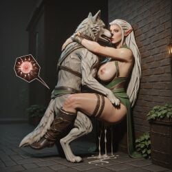 ai_generated arahan canine cum cum_inside cum_on_body dominant_feral elf exposed_breasts green_eyes impregnation interspecies large_breasts leaning_against_wall leg_lock leg_wrap licking long_hair missionary_position ovum pony_diffusion_xl spread_legs warhammer_fantasy white_hair wolf wood_elf zoophilia