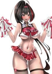 bay_(nikke) big_breasts big_thighs black_hair brown_eyes cheerleader goddess_of_victory:_nikke huge_breasts huge_thighs pom_poms sharp_teeth tanline thick_thighs