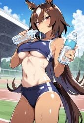 ai_generated animal_ears brown_hair female horse_girl long_hair markings markings_on_head red_eyes sirius_symboli_(umamusume) sweat tanning thighs track_uniform umamusume umamusume_pretty_derby underboob