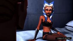 ahsoka_tano ai_generated alien_girl bedroom_eyes clone_wars lace-trimmed_bra lacy_bra nylons orange_skin perky_breasts seductive_look smutgen star_wars stockings togruta