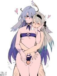 1futa 1girls bikini blue_hair blush closed_eyes female futa_on_female futanari grey_hair hand_on_face heart_symbol heavy_breathing long_hair penis penis_through_leghole sex stagbeetle