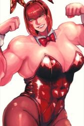 1girls biceps breasts bunnysuit cleavage flexing green_eyes hi_res huge_breasts looking_at_viewer marisa_rossetti muscular muscular_female playboy_bunny red_hair simple_background smile solo street_fighter street_fighter_6 white_background zmnjo1440