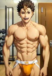 abs ai_generated biceps black_hair blush brown_eyes gay haikyuu!! jockstrap jockstrap_only looking_at_viewer male male_only muscular muscular_male nishinoya_yuu nude_male open_mouth smile toned_body toned_male twall97 two_tone_hair winking_at_viewer