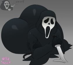 1boy ass big_ass big_butt butt fat_ass fat_butt ghostface heart huge_ass huge_butt knife laying_down looking_at_viewer male male_only mask scream_(franchise) solo text thick_ass thick_butt water_enjoyer