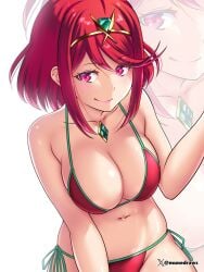 1girls arm_up cleavage core_crystal core_crystal_(xenoblade) etchimune female female_only human large_breasts looking_at_viewer navel nintendo pyra pyra_(xenoblade) red_bikini red_eyes red_hair short_hair side-tie_bikini_bottom smile smug solo white_skin xenoblade_(series) xenoblade_chronicles_(series) xenoblade_chronicles_2 zoom_layer